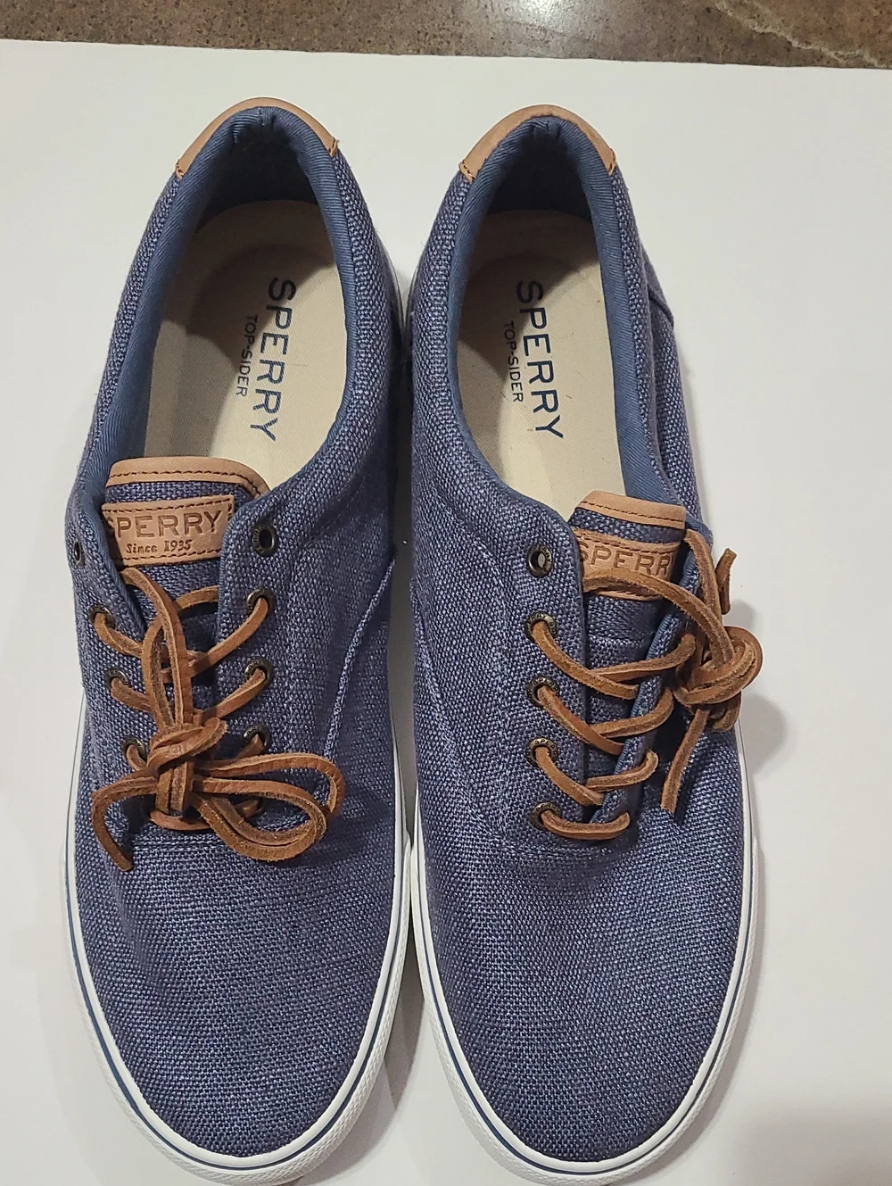 Sperry Blue Canvas Boat Shoes with Tan Leather Trim